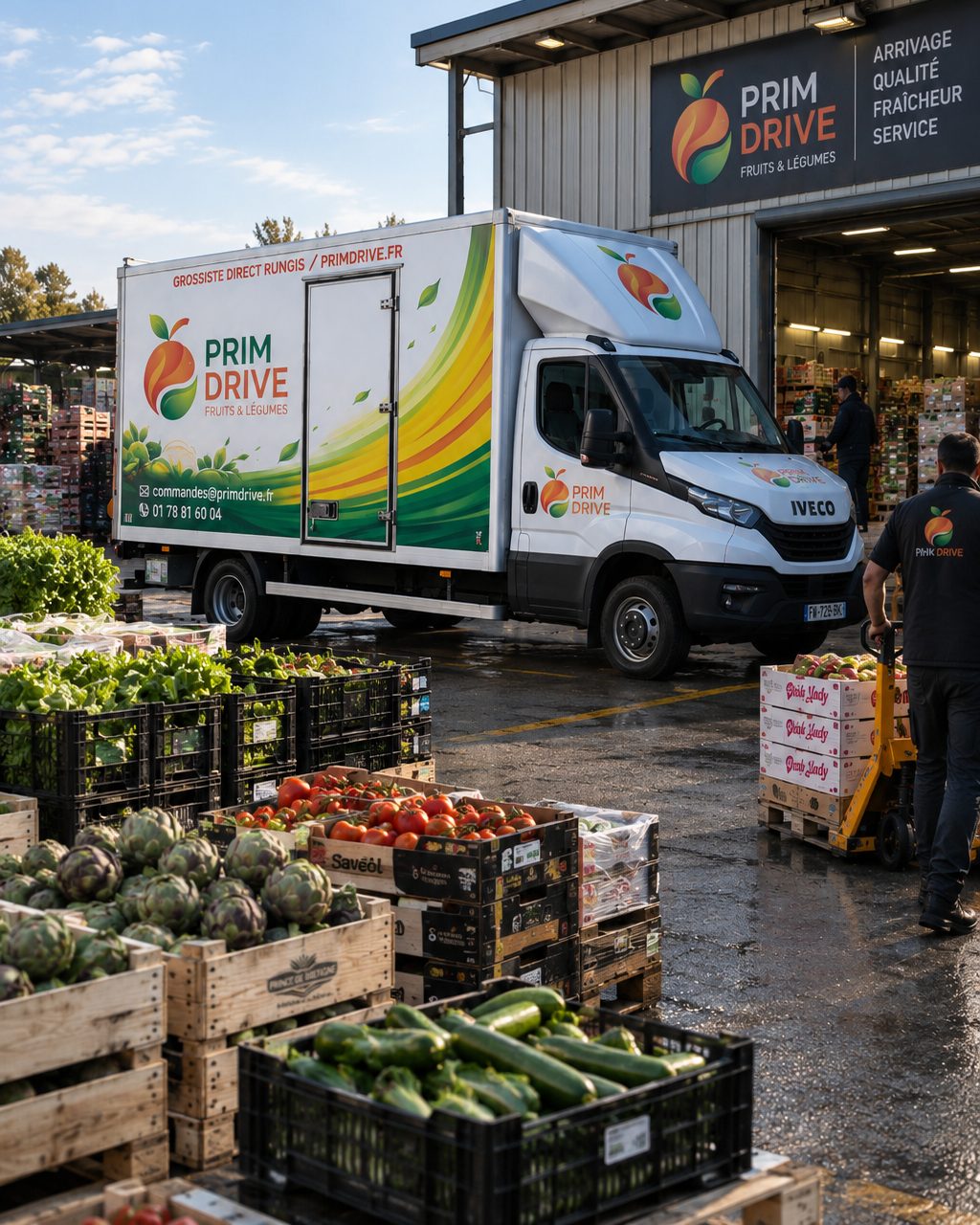 Camion de livraison Prim Drive chargé de cagettes de fruits et légumes frais