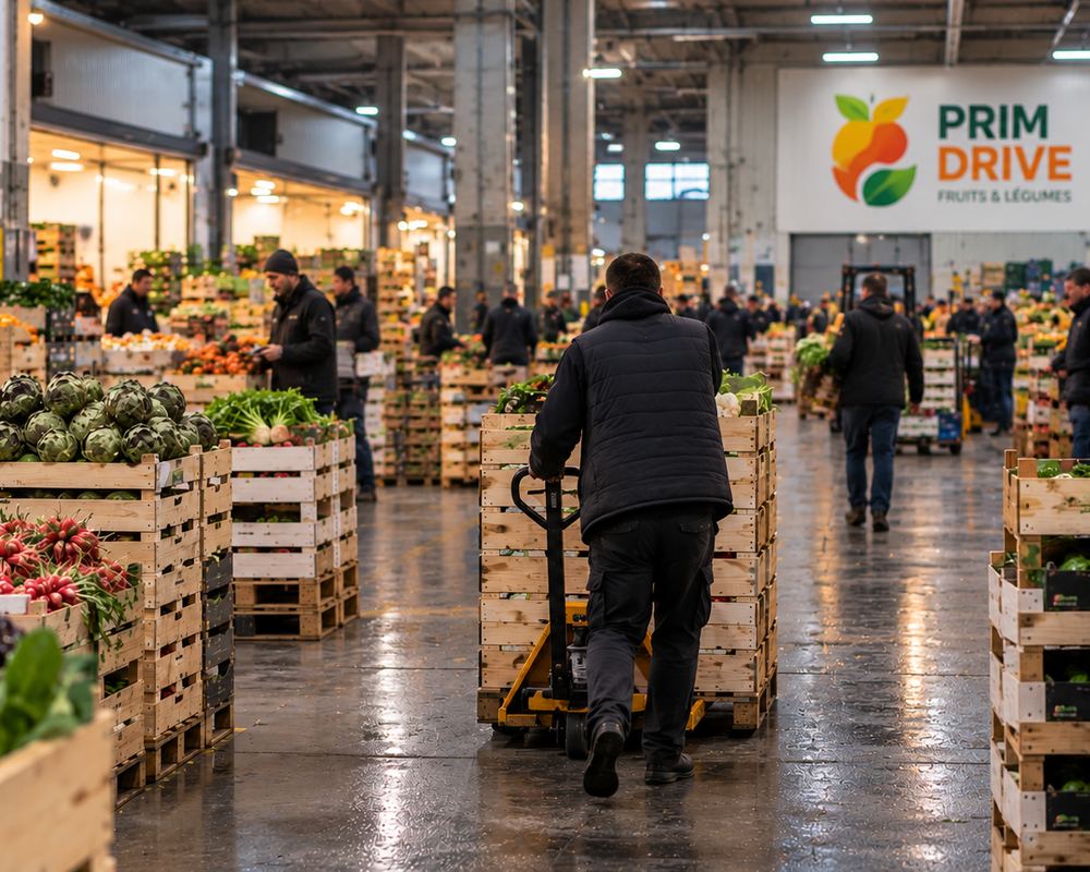 Allée du Marché International de Rungis avec les équipes Prim Drive préparant les commandes